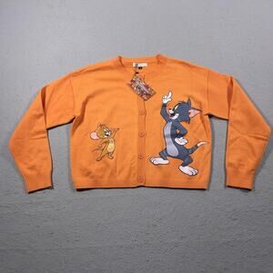 Tom and Jerry Sweater Womens Medium Orange Hanna Barbera Cartoon Cardigan New